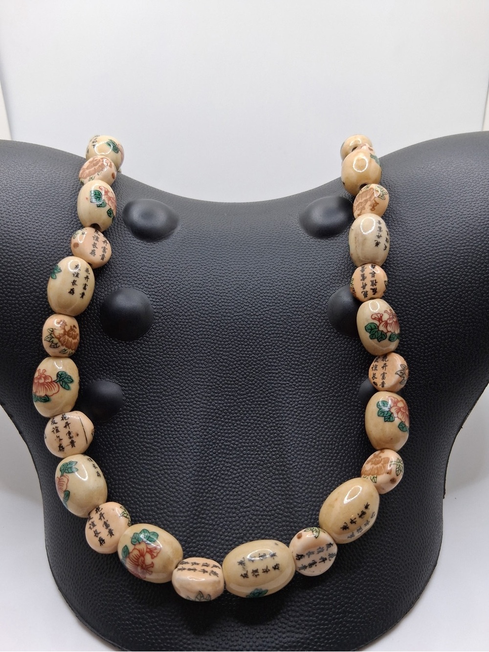 Vintage Chinese Porcelain Bead Necklace Floral Calligraphy Asian 22” Toggle